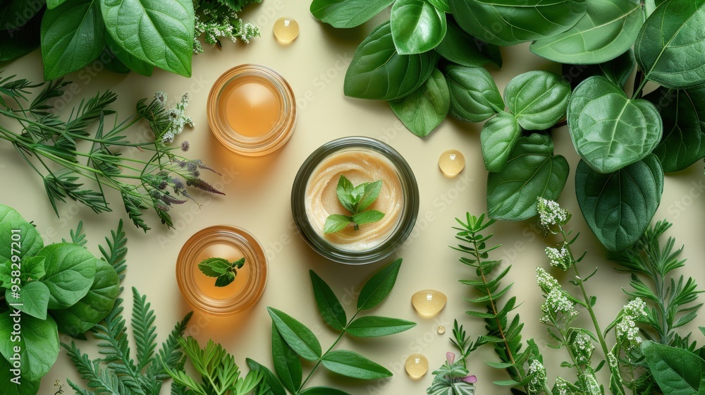 Natural skincare products, including a jar of cream, a jar of serum and herbal leaves on a yellow background. Natural skincare products, including a jar of cream, a jar of serum and herbal leaves on a yellow background.