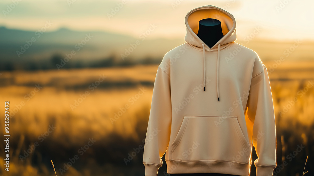 A blank hoodie in beige on a mannequin, set against a blurred desert landscape background, creating a warm and earthy aesthetic. A blank hoodie in beige on a mannequin, set against a blurred desert landscape background, creating a warm and earthy aesthetic.
