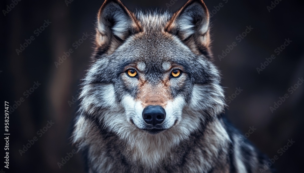 Fototapeta premium Stunning Wolf with Piercing Yellow Eyes Snowy Fur in Forest Setting