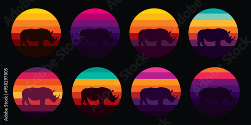 Silhouette of a rhinoceros against a striped retro sunset. Original vector set in vintage style isolated on black background. T-shirt design.