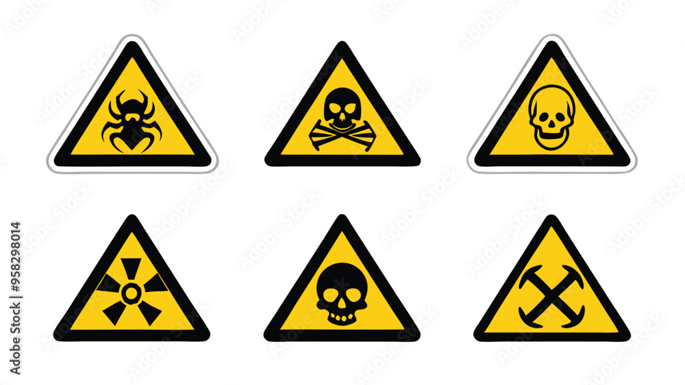 Set of six yellow triangular warning signs with various danger symbols. Set of six yellow triangular warning signs with various danger symbols.