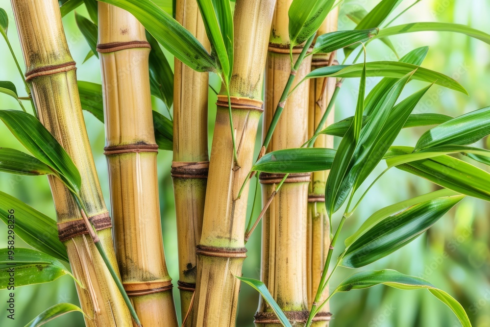 Golden Bamboo Stalks, Close-Up View, Tranquil Forest Background. Lush Tropical Foliage Nature Scene Golden Bamboo Stalks, Close-Up View, Tranquil Forest Background. Lush Tropical Foliage Nature Scene