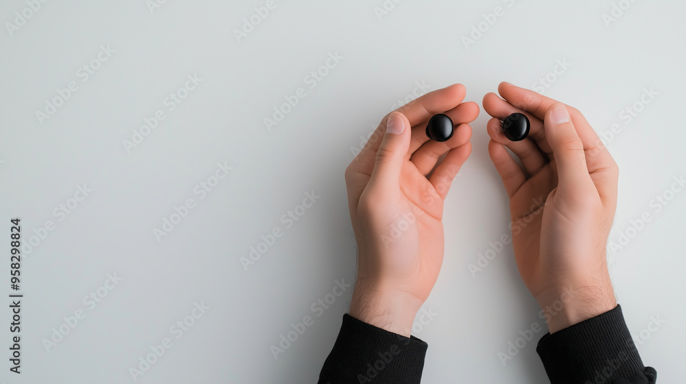 Fototapeta premium Two hands holding a pair of wireless earbuds, ready for use, isolated on a white background.
