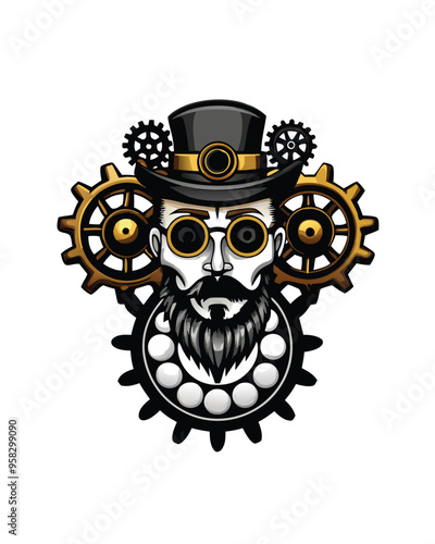 Illustrate a steampunk inspired design featuring a man, a top hat, and gears.