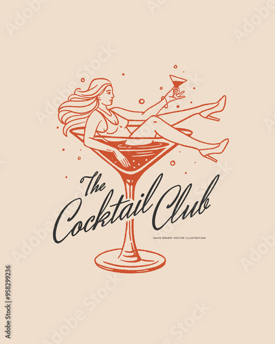 A stylish retro illustration featuring a woman lounging in a martini glass. Vintage style design, perfect for cocktail related promotions.