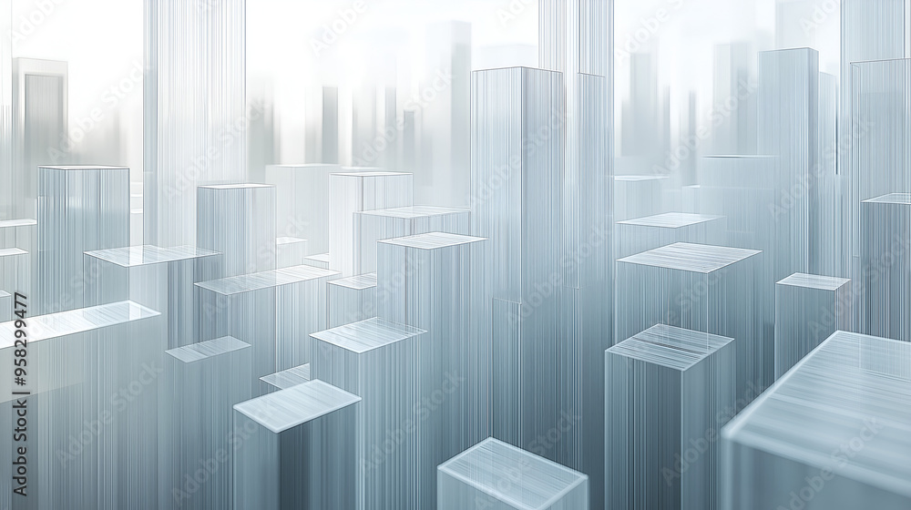 Abstract representation of a futuristic cityscape with translucent, glass-like structures in a misty atmosphere Abstract representation of a futuristic cityscape with translucent, glass-like structures in a misty atmosphere