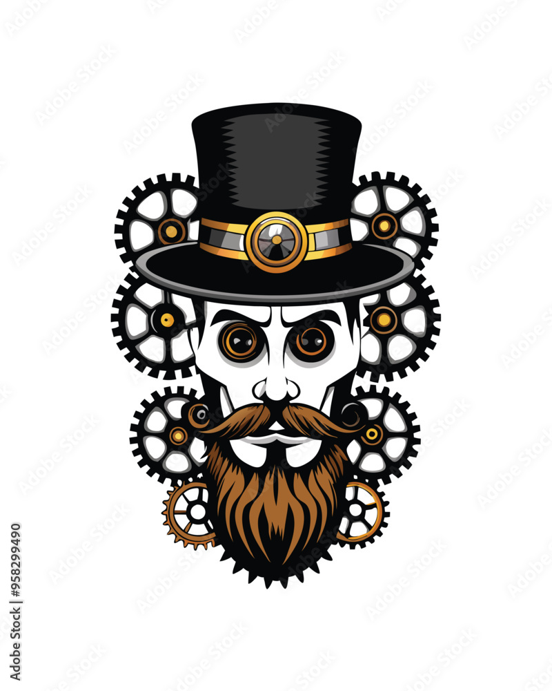 Illustrate a steampunk inspired design featuring a man with a top hat ...