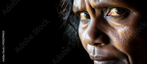 Indigenous Australian woman aunty sad looking eyes close-up dramatic portrait black background healthcare awareness sadness cultural Australia banner copy space black background