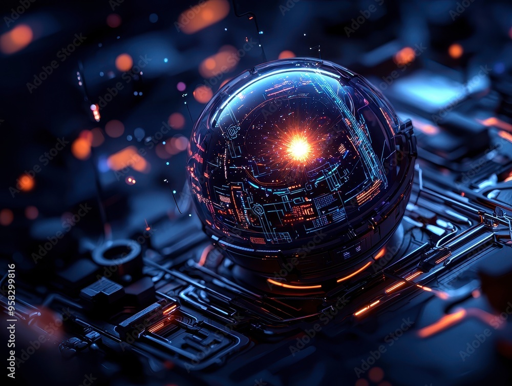 Sci-fi Dyson sphere encasing a star, A futuristic orb encapsulating a swirling energy, set against a backdrop of intricate circuitry and glowing elements. Sci-fi Dyson sphere encasing a star, A futuristic orb encapsulating a swirling energy, set against a backdrop of intricate circuitry and glowing elements.