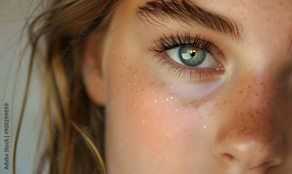 Fototapeta premium Eyes and eyebrows close up. Portrait of a beautiful teenage girl with beautiful makeup and healthy clean skin.Makeup and cosmetology concept. 