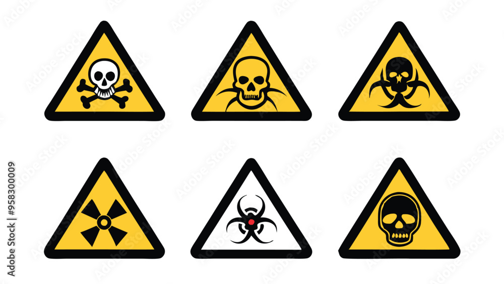 Set of six danger warning signs with skull and crossbones, biohazard, radioactive, and other danger symbols. Set of six danger warning signs with skull and crossbones, biohazard, radioactive, and other danger symbols.