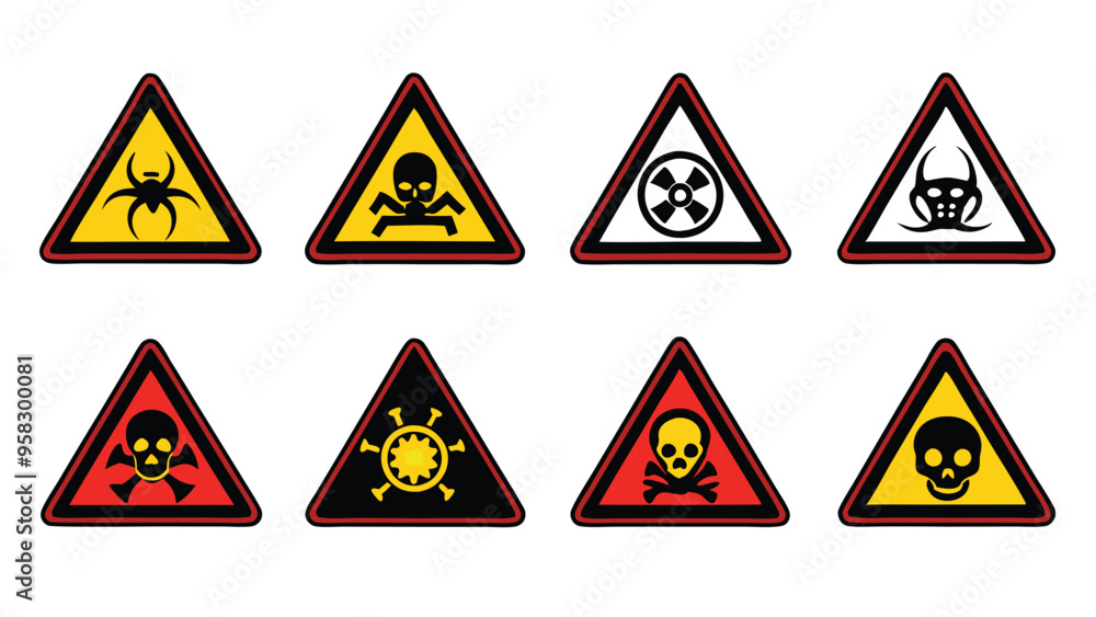 Set of 8 danger warning signs in a triangular shape. Set of 8 danger warning signs in a triangular shape.