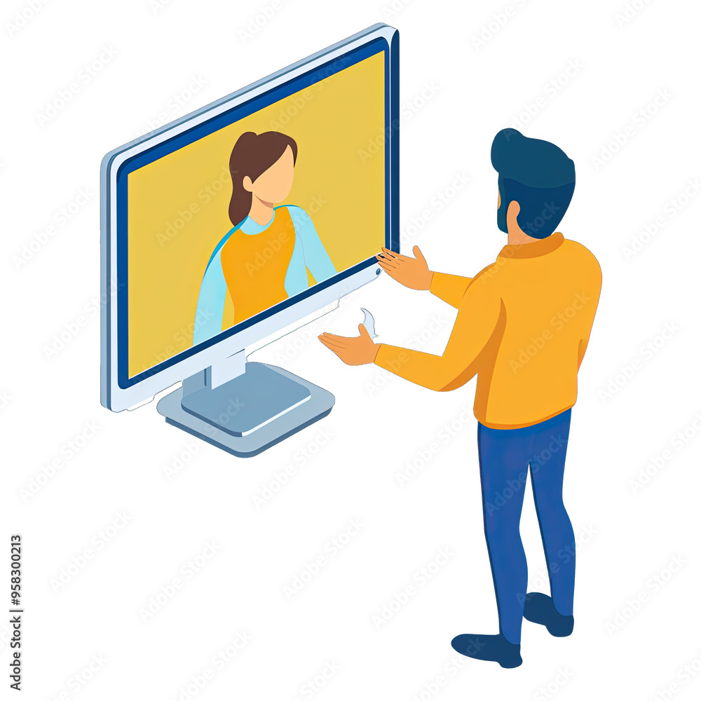 Man Talking to Woman Emerging From Pc Screen ? Remote Collaboration. Isolated on a Transparent Background. Cutout PNG. Man Talking to Woman Emerging From Pc Screen ? Remote Collaboration. Isolated on a Transparent Background. Cutout PNG.