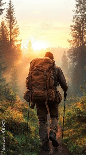 A person hiking through a serene forest at sunrise, showcasing adventure and exploration in nature.