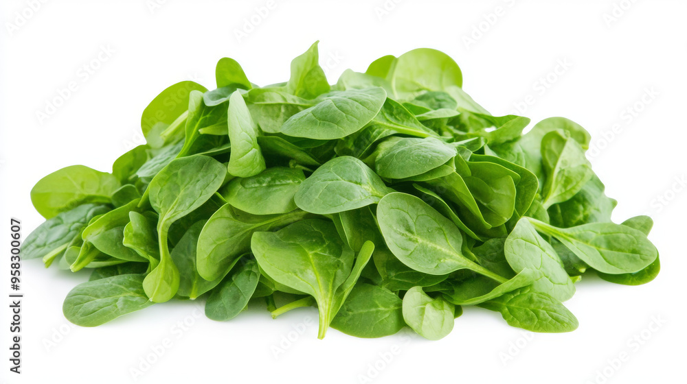 A bunch of bright green spinach leaves are neatly piled together against a white background. A bunch of bright green spinach leaves are neatly piled together against a white background.