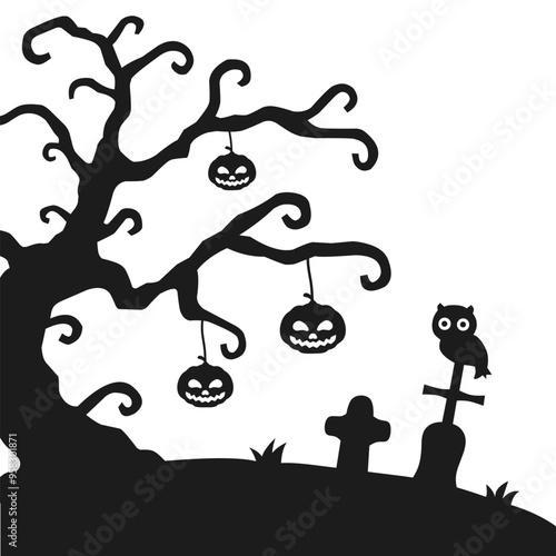 silhouette of graveyard, old tree, owl and halloween pumpkin on white background