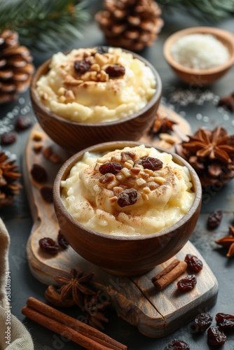 Rice pudding with cinnamon and raisins