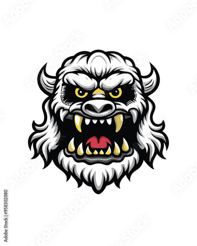 A white monster with yellow eyes, sharp teeth and horns, snarling, white background.