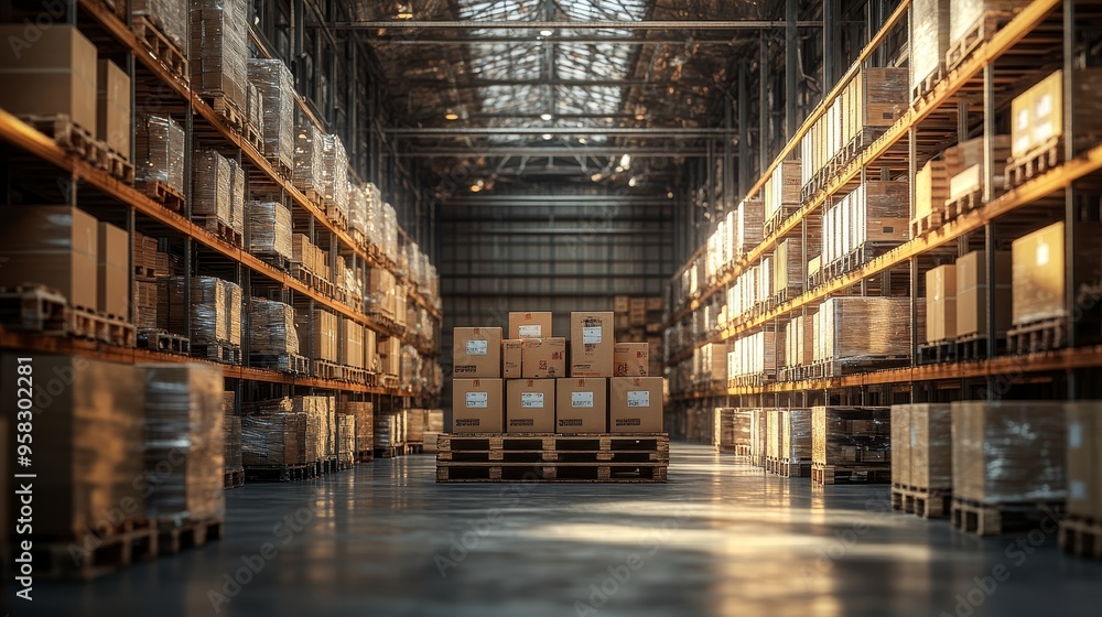 Neatly stacked boxes on a wooden pallet, arranged with precision in a well-lit warehouse, surrounded by organized industrial shelving, emphasizing symmetry Neatly stacked boxes on a wooden pallet, arranged with precision in a well-lit warehouse, surrounded by organized industrial shelving, emphasizing symmetry