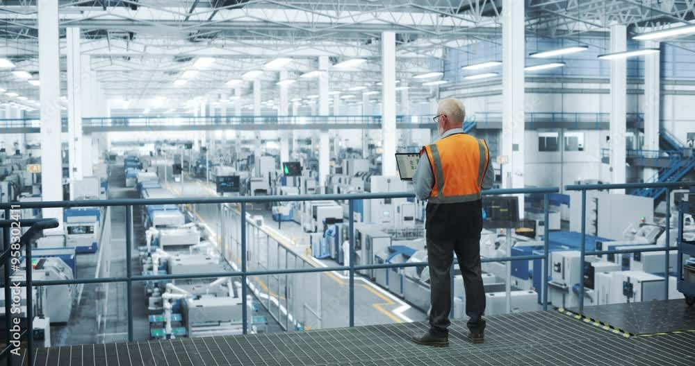 Industrial Engineer Working at a Technology Factory. Middle Aged Male Using Laptop Computer at Work, Browsing Electronics Information Online. Man's Back in Safety Vest Turned to Camera Industrial Engineer Working at a Technology Factory. Middle Aged Male Using Laptop Computer at Work, Browsing Electronics Information Online. Man's Back in Safety Vest Turned to Camera