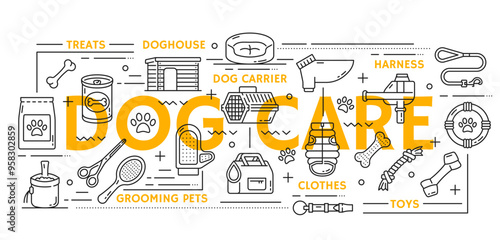 Dog pet care line icons vector set include treats, doghouse, carrier and harness. Grooming tools like scissors and brushes, clothes and toys, bones, canned food. Production for domestic canine animals