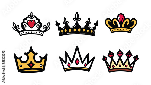 Set of hand drawn doodle crowns for princess.