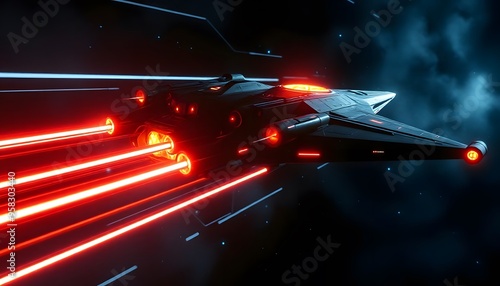 A futuristic spaceship with glowing engines and laser beams in a dark, atmospheric environment