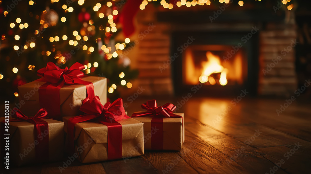 Aesthetic home Christmas scene with presents at night with bokeh lights of new year tree and fireplace. Generative AI Aesthetic home Christmas scene with presents at night with bokeh lights of new year tree and fireplace. Generative AI