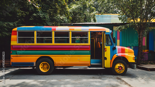 A brightly colored school bus parked in front of a school, with its door open.