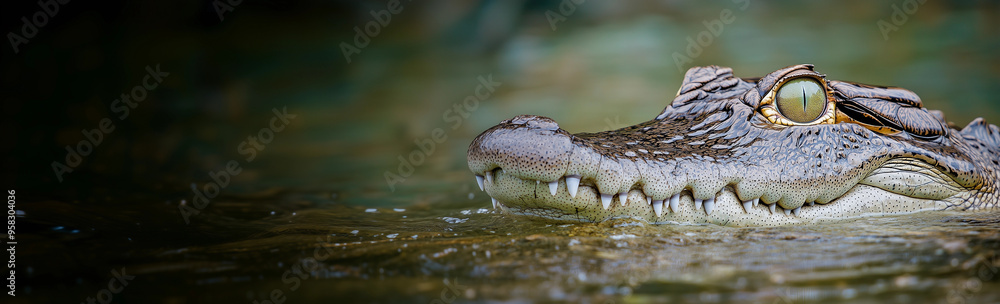 Obraz premium Side view swimming crocodile outback river closeup dam water predator wildlife dangerous Australia tourism nature reptile habitat adventure banner background copy space ad