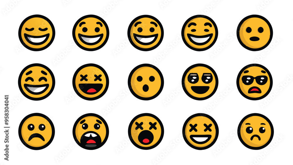 Set of 15 hand drawn doodle emoji faces in sketch style with different expressions. Set of 15 hand drawn doodle emoji faces in sketch style with different expressions.