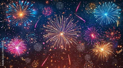 In this image, dazzling and colorful fireworks fill the night sky, creating a stunning visual display that enhances the festive and celebratory atmosphere of any event.