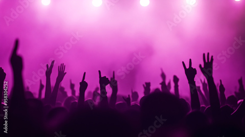 A dynamic concert scene featuring a cheering crowd, rendered in moody black and purple tones. The image captures the audience in mid-celebration, with hands raised and bodies moving to the beat. The