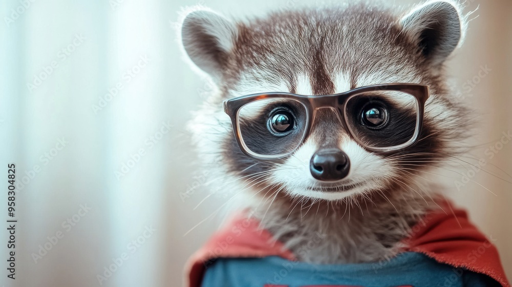 A raccoon wearing glasses and a superman shirt, AI A raccoon wearing glasses and a superman shirt, AI