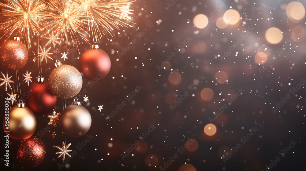 A festive 3D illustration featuring a vibrant display of golden fireworks exploding against a dark, starry sky. Below, a cascade of Christmas ornaments, including glittering baubles, delicate A festive 3D illustration featuring a vibrant display of golden fireworks exploding against a dark, starry sky. Below, a cascade of Christmas ornaments, including glittering baubles, delicate
