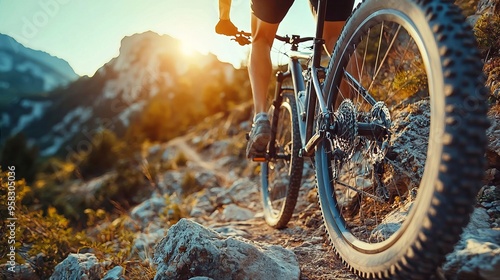 Wallpaper Mural Mountain biker riding on rocky trail at sunrise with scenic background Torontodigital.ca