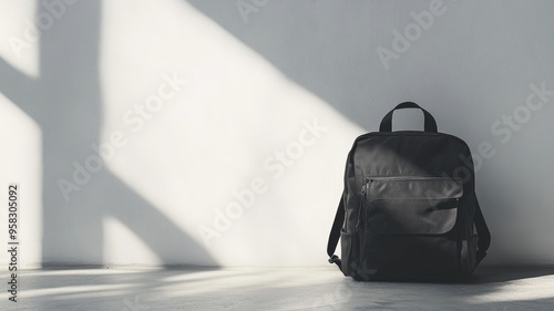 Minimalist black backpack standing against a white wall, highlighted by sharp, angled shadows in a simple composition.