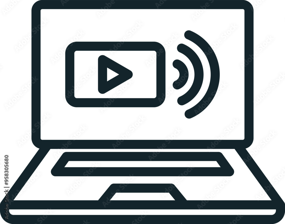 Laptop streaming video content online using wireless network icon Laptop streaming video content online using wireless network icon