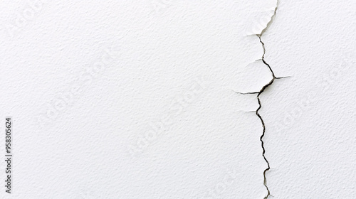 A close-up shot of a white wall, with a single, thin crack running vertically down its length. The crack, dark and jagged, stretches from the top to the bottom of the image, creating a striking