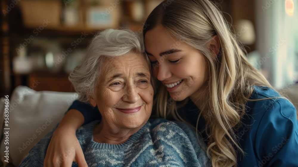 A home health care worker assists an elderly woman in her home
A home health care worker assists an elderly woman in her home