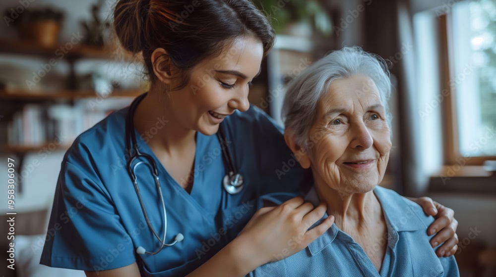 A home health care worker assists an elderly woman in her home
A home health care worker assists an elderly woman in her home