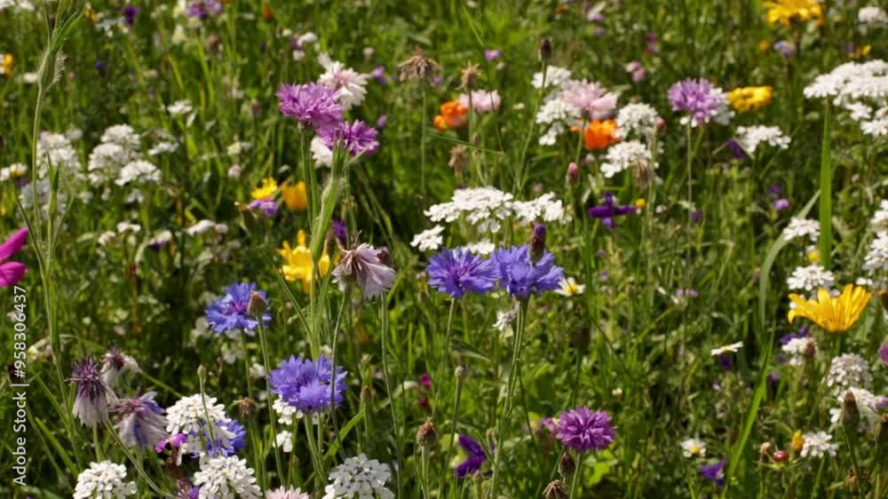 The Bee Meadow with plants, wildflowers, flowers which offer the bees a sufficient supply of pollen and nectar in the Alps mountains, Europe. Vertical image. The Bee Meadow with plants, wildflowers, flowers which offer the bees a sufficient supply of pollen and nectar in the Alps mountains, Europe. Vertical image.