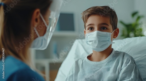 Boy wearing mask in hospital bed talking to doctor with protective gear