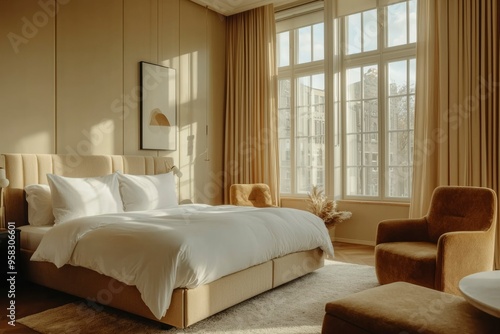 A Luxurious Bedroom with a Large Window and Plush Furniture