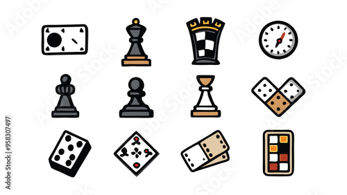 Hand-drawn set of board game elements including chess pieces, dice, dominoes and cards.