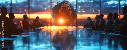 A digital globe floats above a round table at an international business meeting, symbolizing global connections.