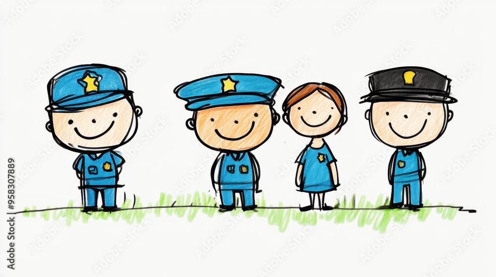 Cute cartoon illustration of police officers and a policewoman, smiling in uniform. Perfect for educational, children’s content, and law enforcement themes. Cute cartoon illustration of police officers and a policewoman, smiling in uniform. Perfect for educational, children’s content, and law enforcement themes.