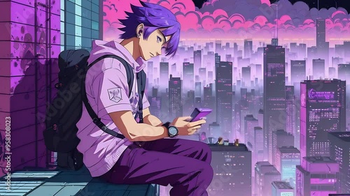 Anime boy looks at his cell phone on top of a building Purple fantasy city