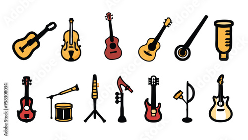 Wallpaper Mural Hand-drawn set of different musical instruments, including guitar, violin, banjo, drum, bass, microphone, stand. Torontodigital.ca