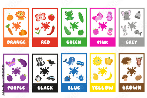 Set of cards with flowers. Learning colors for children. Worksheet for preschool children. Learning primary colors for preschoolers. Educational flashcards for children.